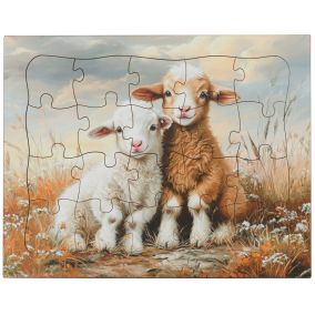 Amish Made Wooden 20 Piece Child's Puzzle - Lambs & Flowers