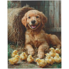 Amish Made Wooden 20 Piece Child's Puzzle - Puppy & Chicks