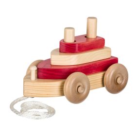 Amish Made Wooden Pull Toy Tug Boat - Red & Natural