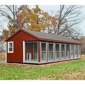 14x32 Kennel - Traditional Series - Board and Batten Siding, painted Red with White Trim and Bronze Metal Roof
