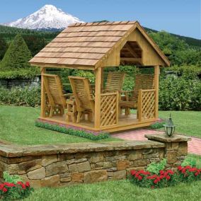 7x7 Chalet with 4 Glider Chairs and 2 Tables