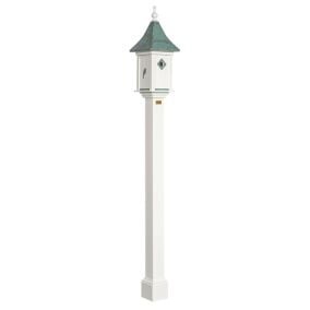 Amish Made PVC Castle Birdhouse-Bird Emblem with Patina Copper Roof on Post