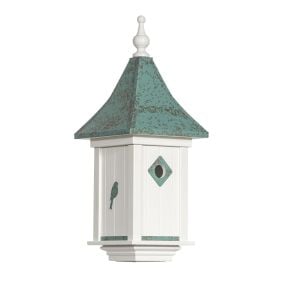 Amish Made PVC Castle Birdhouse-Bird Emblem with Patina Copper Roof