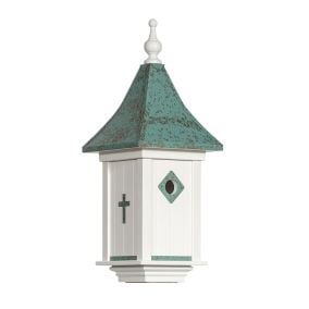 Amish Made PVC Castle Birdhouse-Cross Emblem with Patina Copper Roof