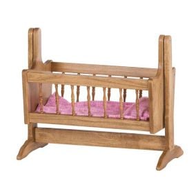 Amish Made Doll Swinging Cradle With Pink Floral Blanket