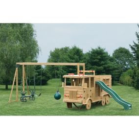 Amish Made 13x4 ft Wooden Fire Truck Playground Set with Swing Beam