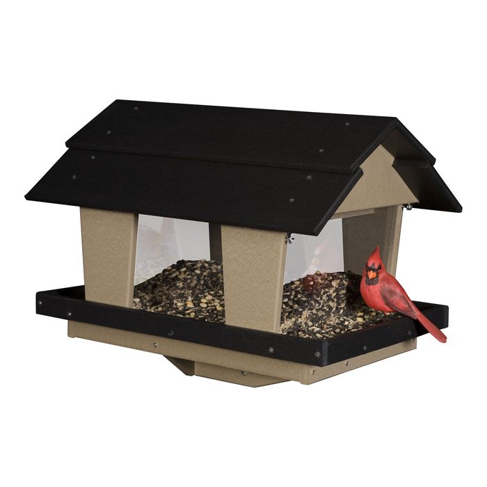 Poly gazebo bird feeder with a black roof and tan walls