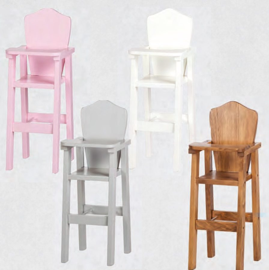 Doll high chairs in pink, white, gray and harvest
