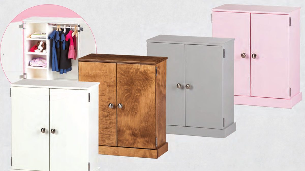 Doll wardrobes in white, harvest, gray and pink, with a view of the shelves and hanging clothes inside