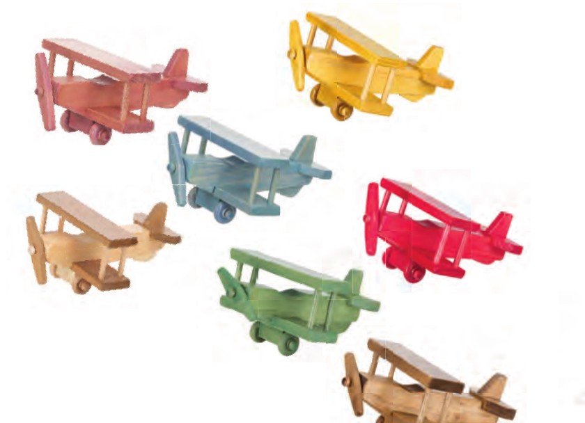 Small wooden toy airplanes in rose, yellow, blue, red, green and harvest