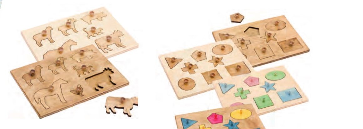 Wooden puzzle boards with farm animals and colored shapes