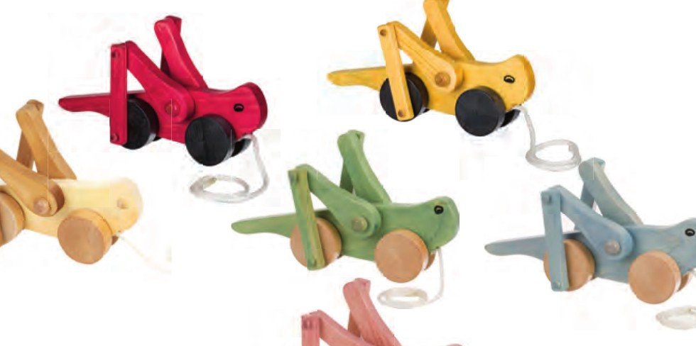 Wooden grasshopper pull toys in red, yellow, green, blue and natural
