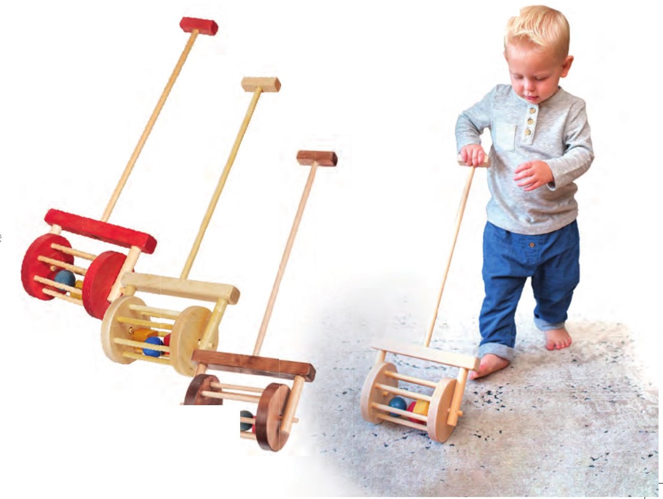 Toddler pushing a wooden block roller, with three more block rollers beside him