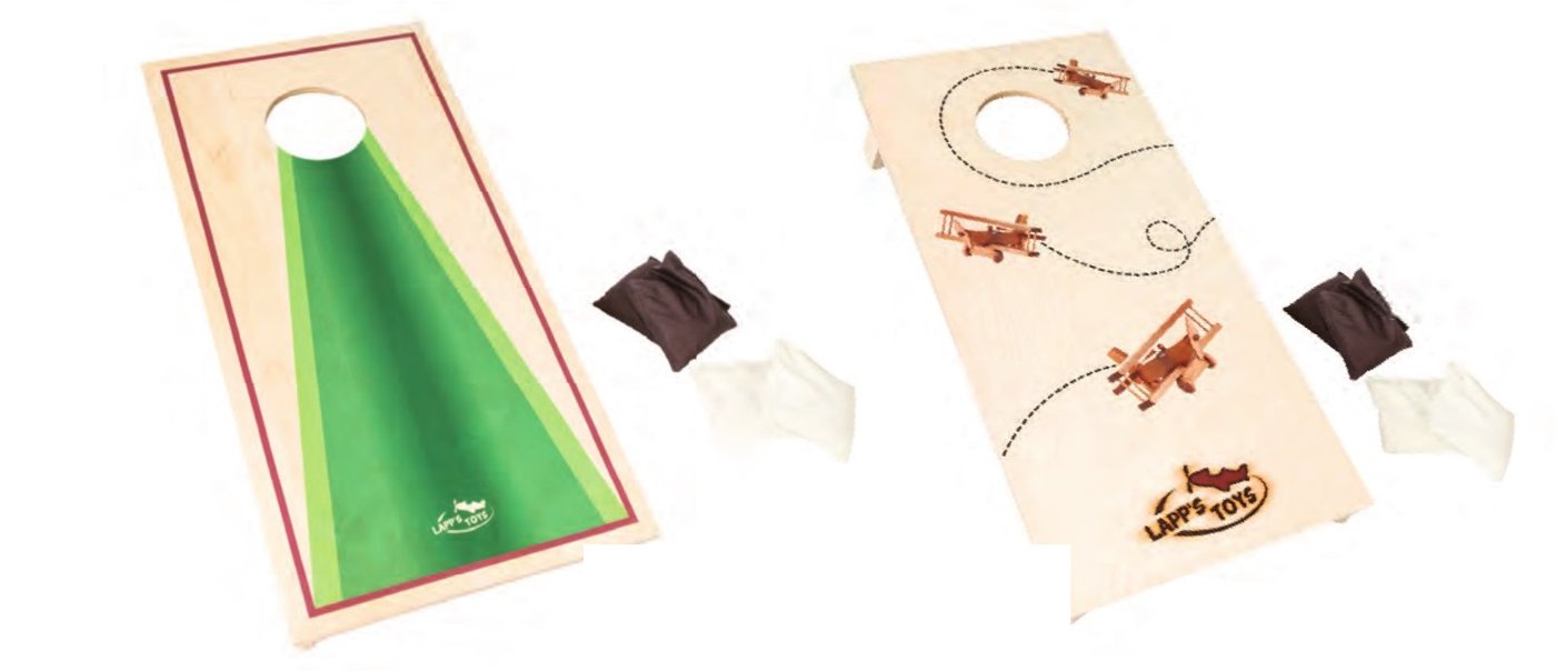 Two child's corn hole boards, one green lane design and one airplane design, with bean bags