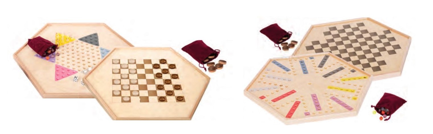 Wooden Chinese checkers and checkers boards, and a reversible Aggravation and checkers board, with game pieces in red velvet bags