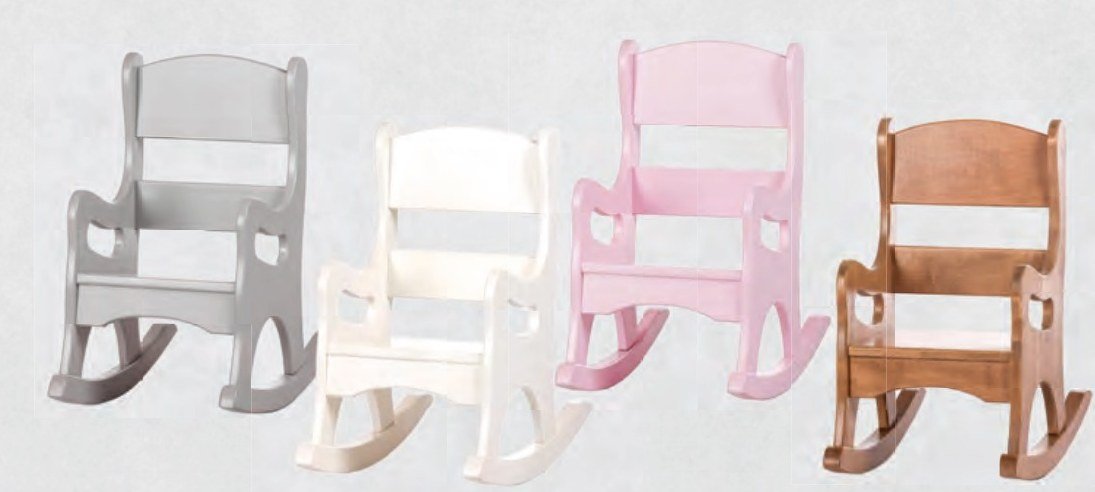 Kids' rocking chairs in gray, white, pink and harvest