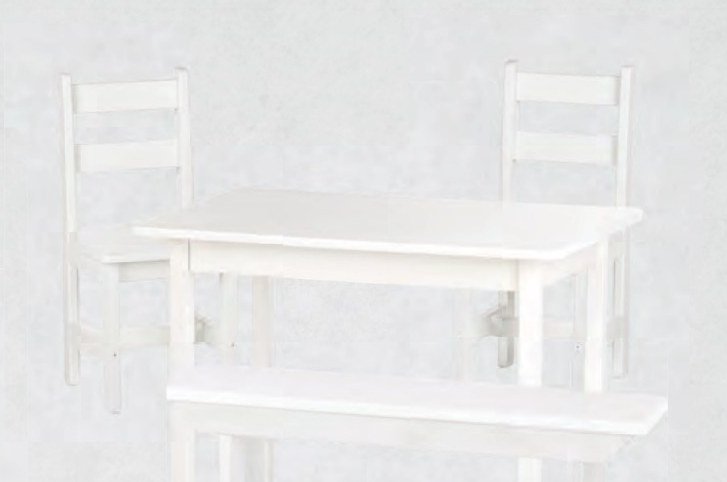 White kids' table with ladderback chairs and a bench