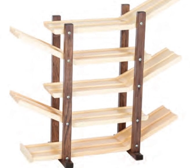 Wooden car roller racetrack with walnut posts and natural ramps