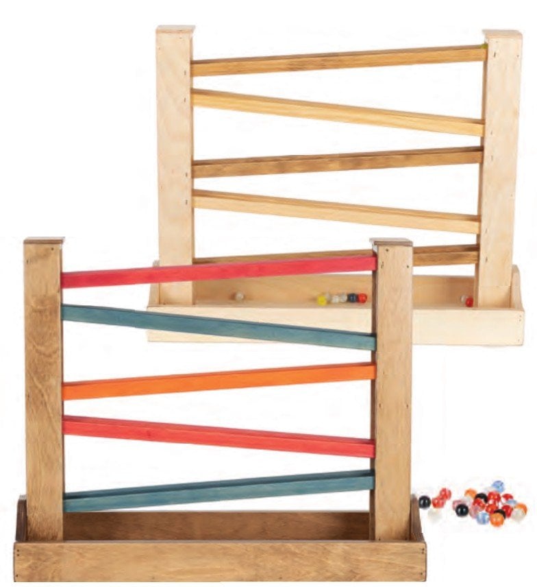 Heirloom wooden marble rollers in natural and red, orange and blue