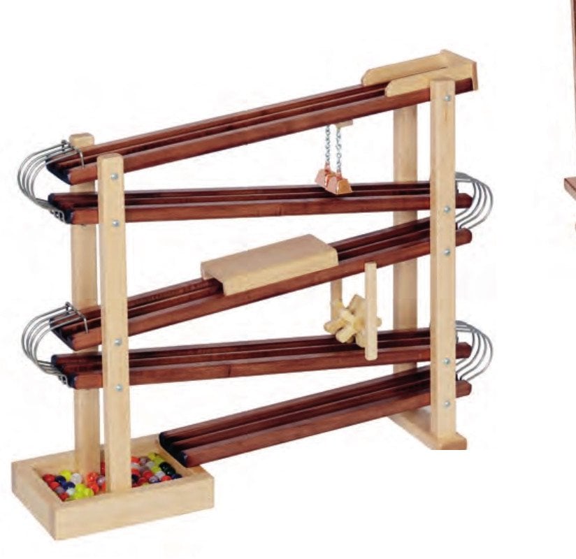Wooden marble flyer with long walnut ramps and metal spirals