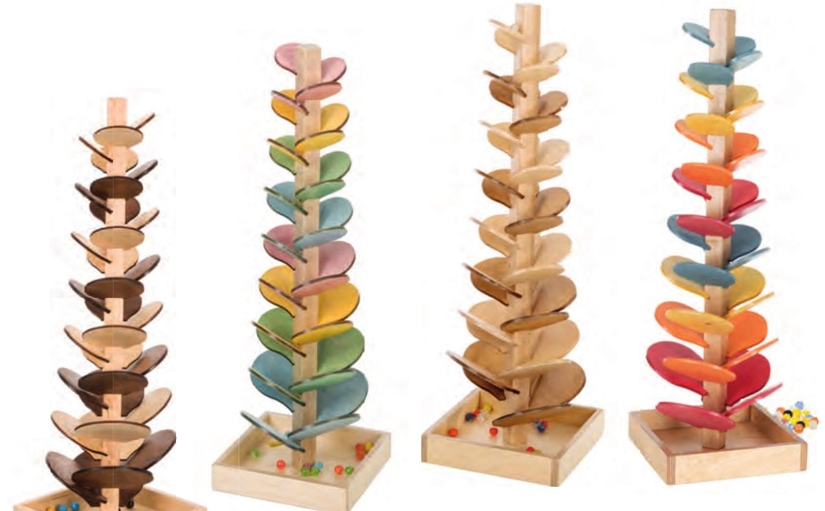 Four wooden marble trees in walnut, colors, harvest and pastel finishes