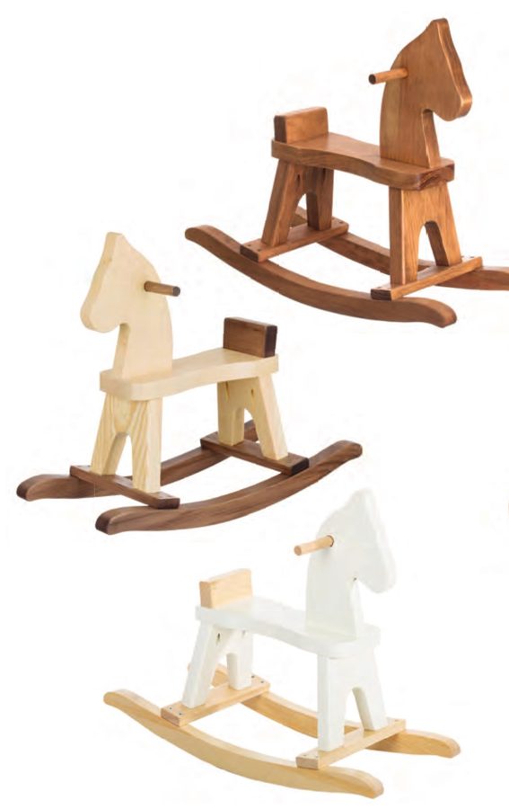 Classic wooden rocking horses in walnut, natural and white