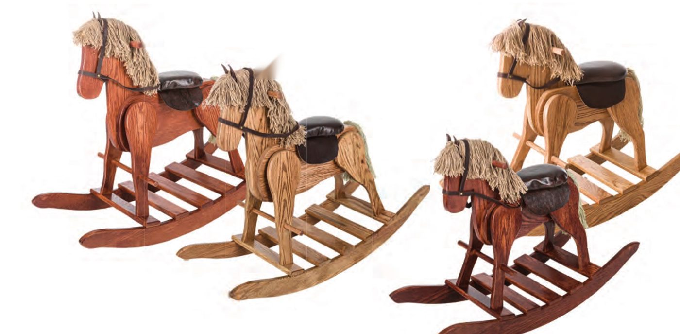 Three deluxe wooden rocking horses with shaggy manes in different stains