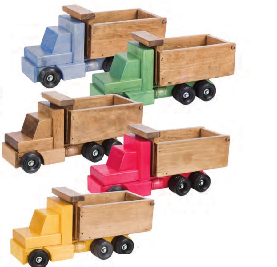 Wooden dump trucks in baby blue, green, harvest, red and yellow