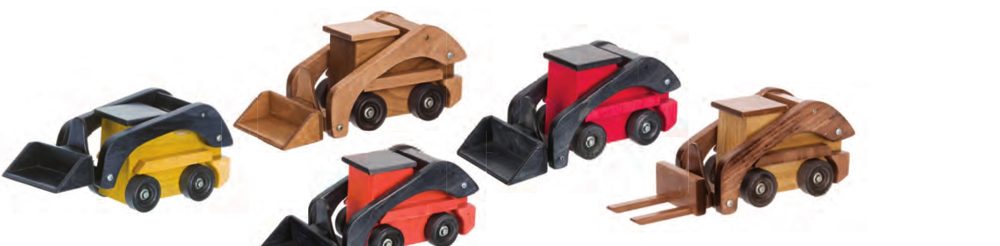 Wooden skid loaders in yellow, harvest, red and walnut, one with forks