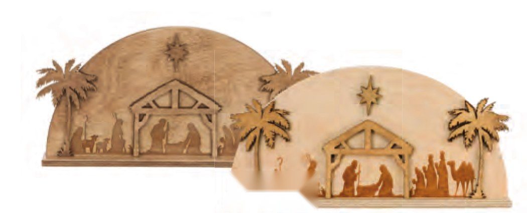Two wooden arched nativity scenes with palm trees, star and silhouettes