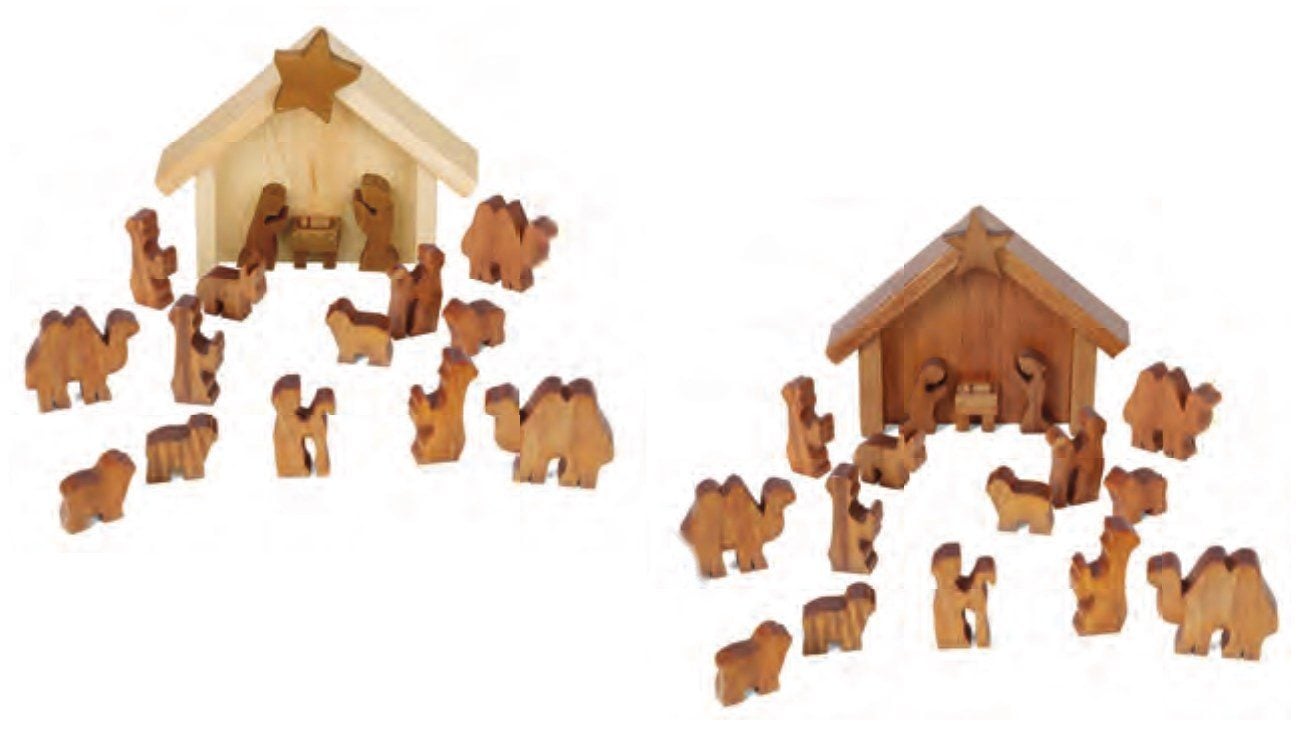 Two wooden nativity scenes with stables, star, and hand-cut figures and animals